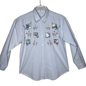 Floral Patchwork Pearl Embellished Cotton Long Sleeve Blouse Size 1X Striped